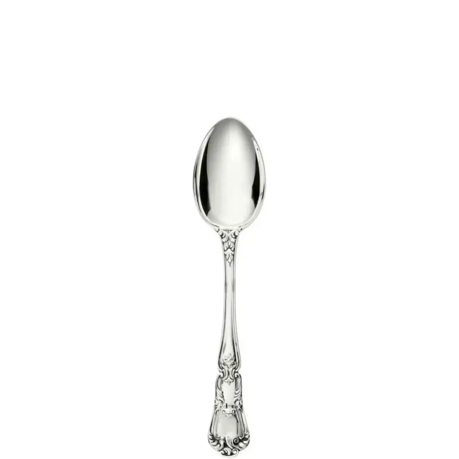 Silver fruit spoon, oval bowl, ornate handle with floral detailing, polished sterling silver, slender form, bright lustrous finish.