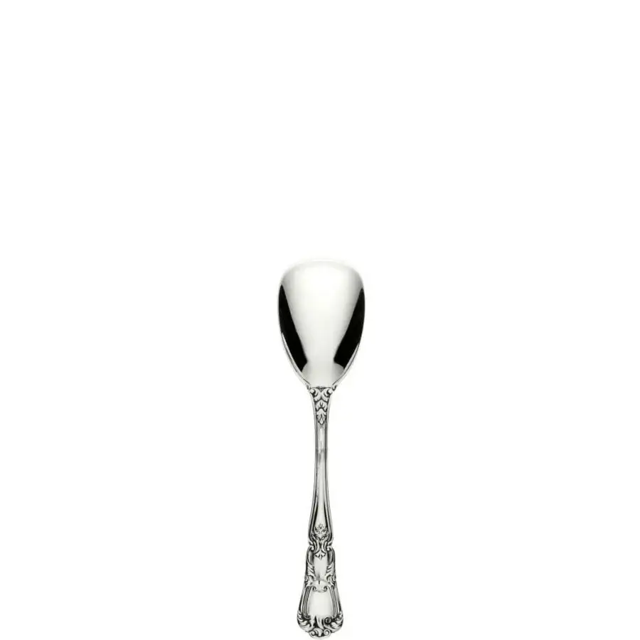 Silver ice cream spoon with rounded bowl, slender handle, and floral scrollwork detailing against a white backdrop.