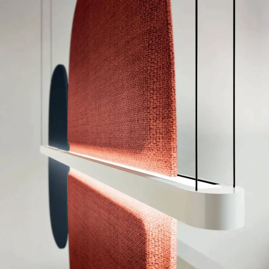 Exceptional Penta Hang Out suspension lamp with cylindrical white structure and vibrant coral textile panels crafted in Italy