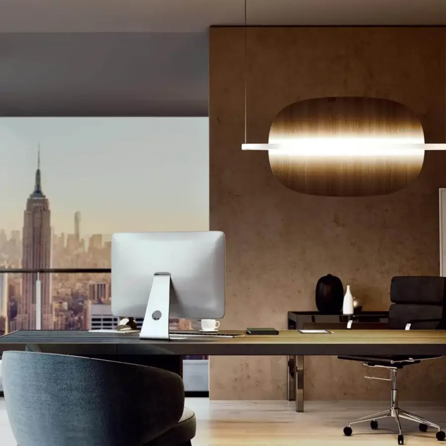 Superior Penta Hang Out suspension lamp with warm brown wood and bright white LED light in smooth finish