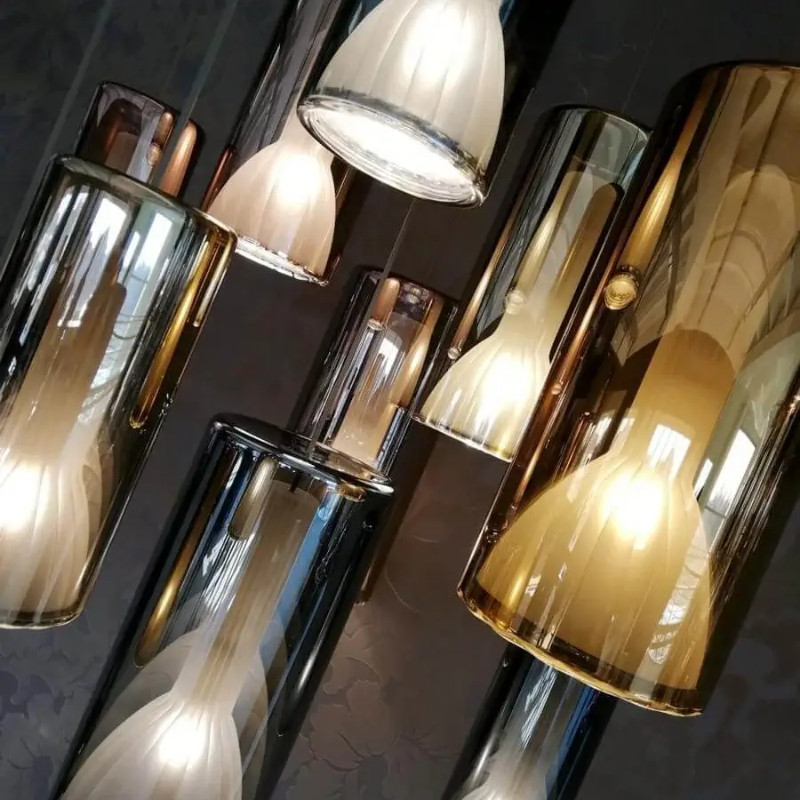Distinguished Penta Lit suspension lamp with mirroring gold glass and striped sandblasted glass in cylindrical form