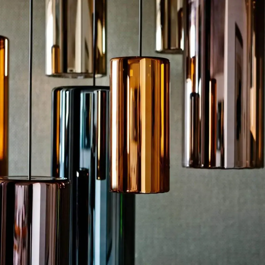 Exceptional Penta Lit suspension lamp with mirroring violet glass and striped sandblasted glass inner shade crafted in Italy