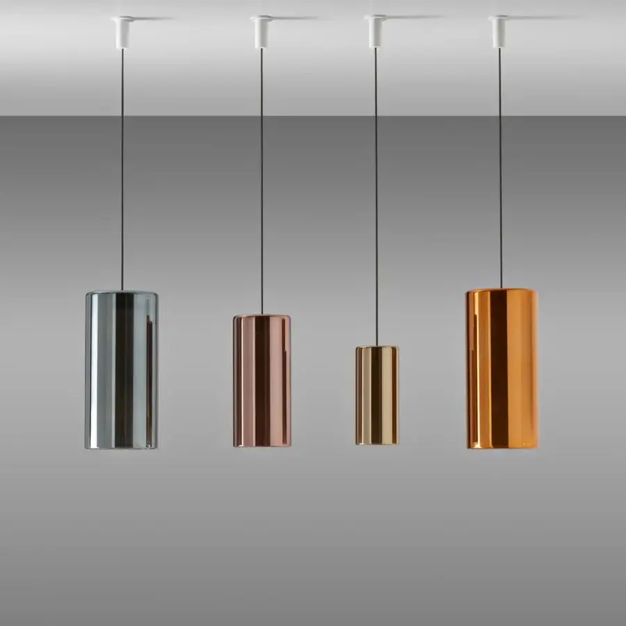 Exclusive Penta Lit suspension lamp with cylindrical copper-toned shade and reflective metallic finish crafted in Italy