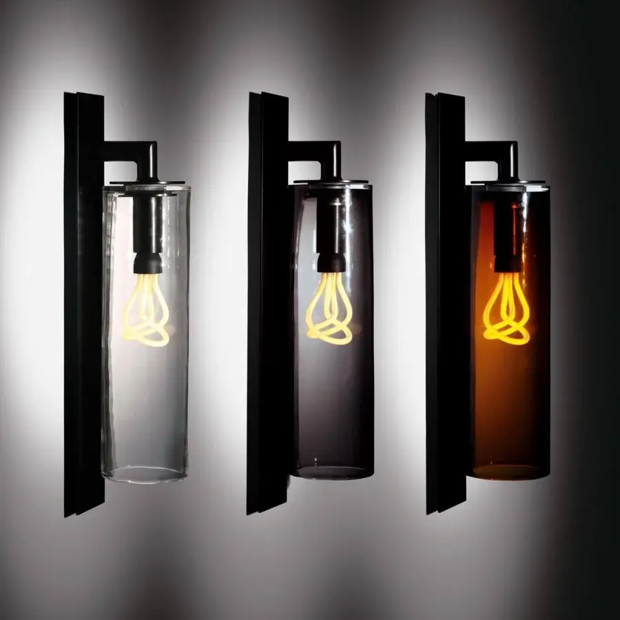 Elegant Royal Botania Dome wall lamp with hand-made clear glass shade and black powder-coated aluminum frame