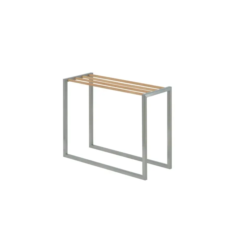 Exceptional Royal Botania Ninix towel rack crafted with teak wood bars and brushed hairline stainless steel