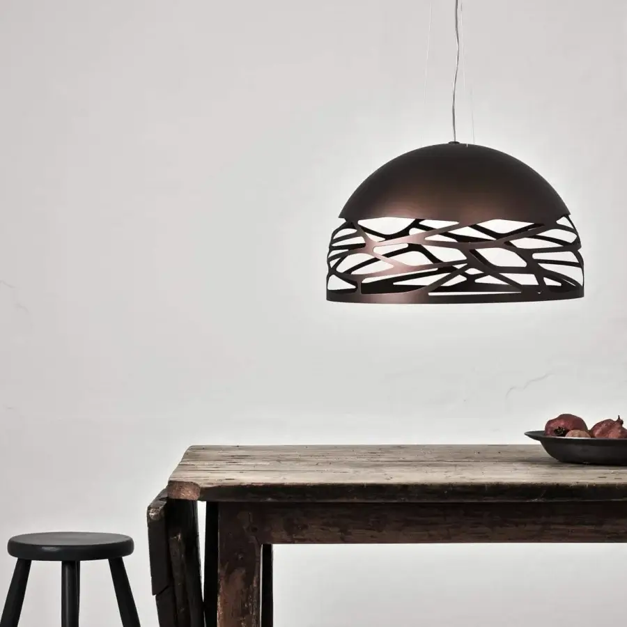 Elegant Lodes Kelly Dome suspension lamp in matte dark brown metal with interwoven laser-cut details crafted in Italy