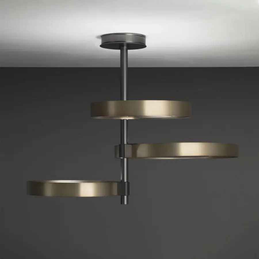 Distinguished VENICEM Circle ceiling lamp with metal rings in burnished natural brass and sleek matt black nickel structure