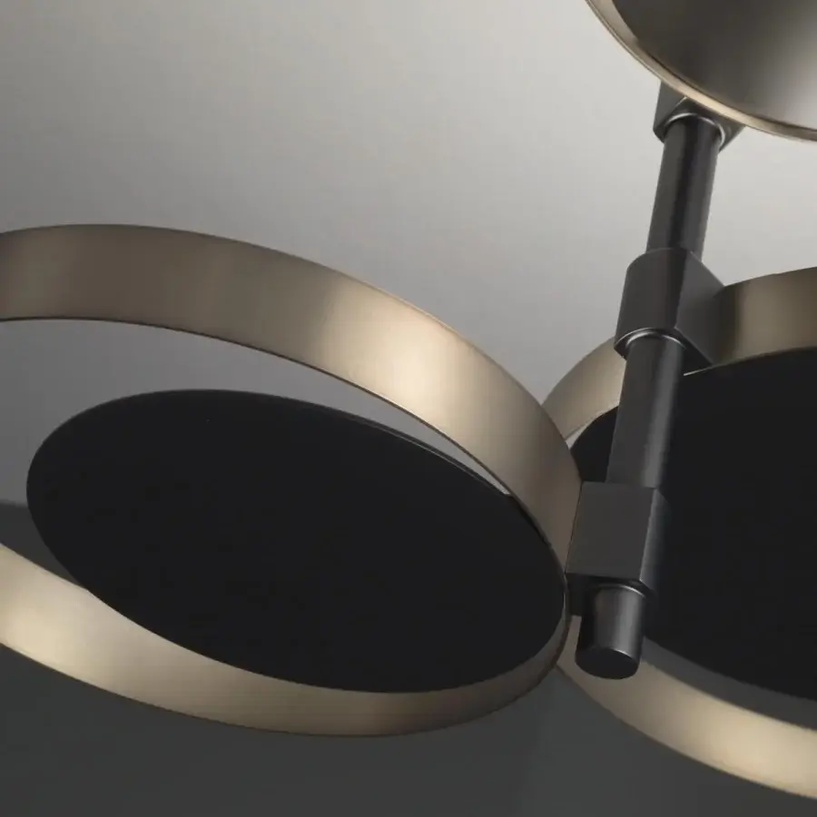 Superior VENICEM Circle ceiling lamp with flat black disks and metal rings in burnished natural brass finish