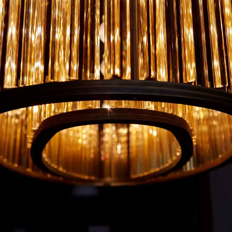 Exceptional VENICEM Crown suspension lamp with diffused light in amber Murano glass and light burnished brass finish