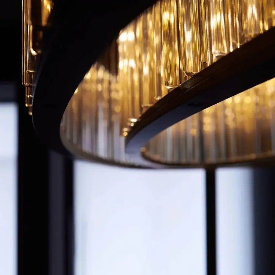 Distinguished VENICEM Crown suspension lamp with warm amber hand-blown Murano glass trihedrons and matt black nickel finish