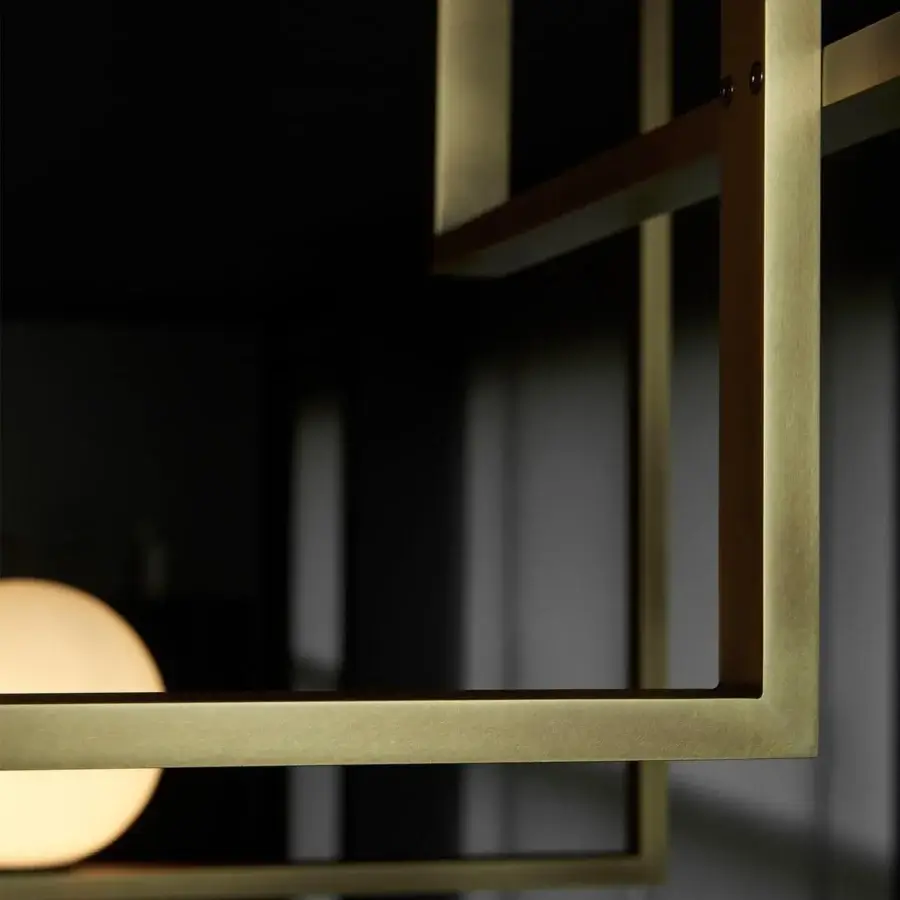 Elegant VENICEM Mondrian glass ceiling lamp with interconnected square frames in burnished brass and refined white Murano blown glass