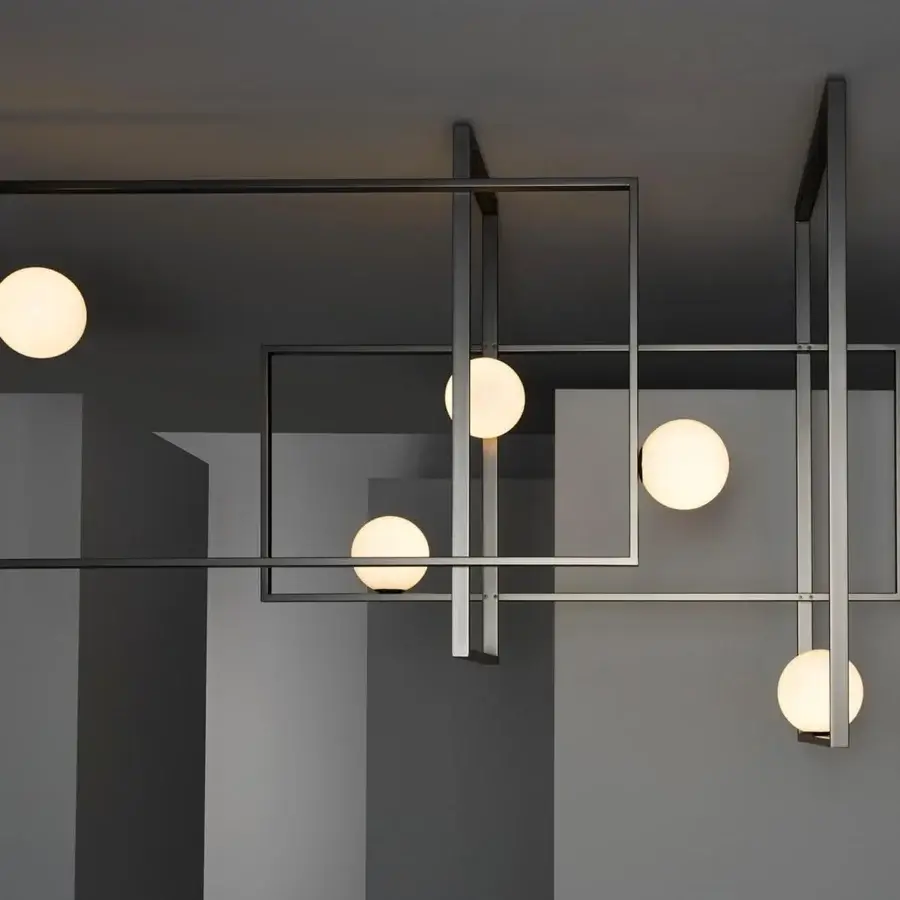 Elegant VENICEM Mondrian glass ceiling lamp with a natural burnished brass metal structure and spherical Murano blown glass diffusers