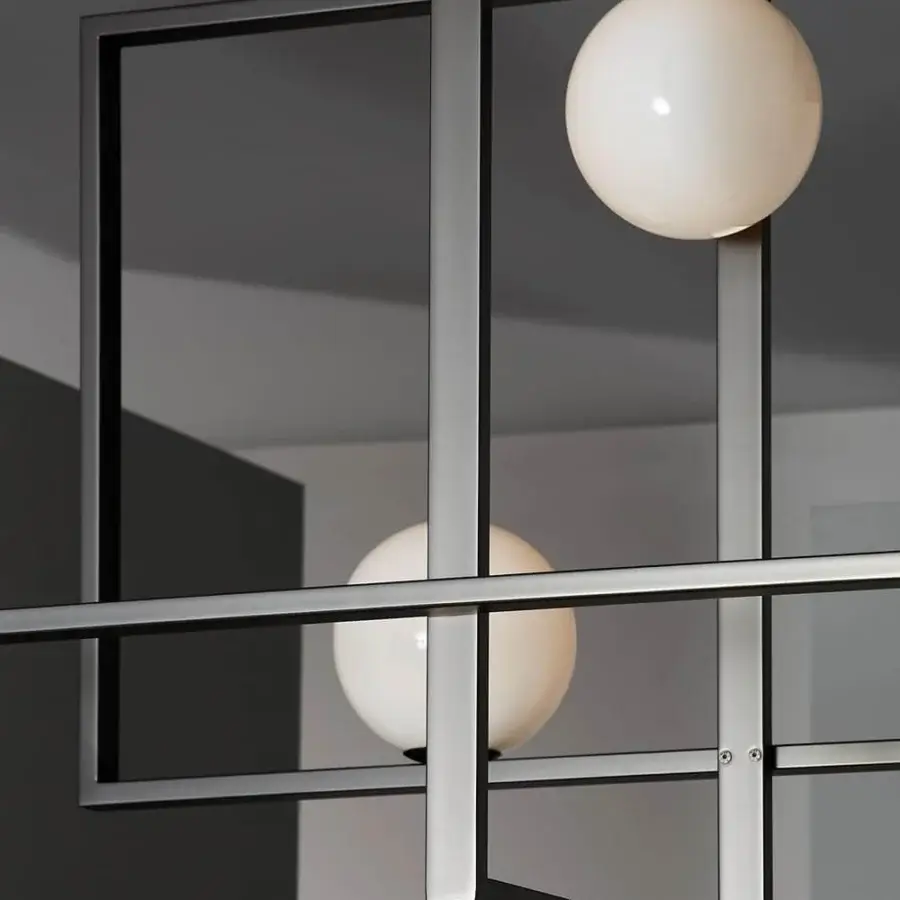 Distinguished VENICEM Mondrian glass ceiling lamp with matt black nickel metal and white Murano blown glass diffusers crafted in Italy
