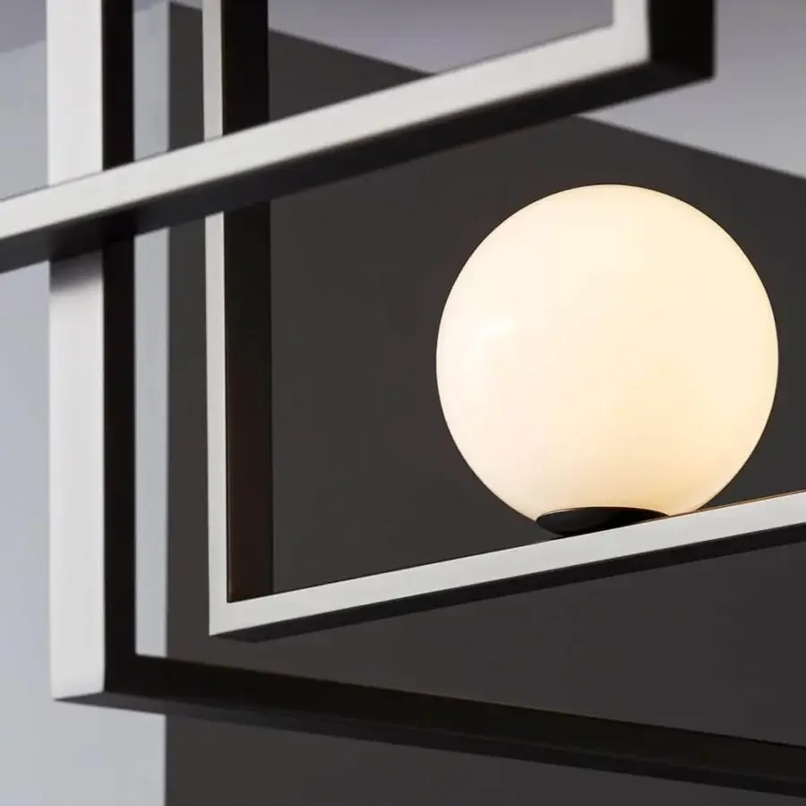 Superior VENICEM Mondrian glass ceiling lamp with interconnected square frames in matte black nickel and white Murano blown glass
