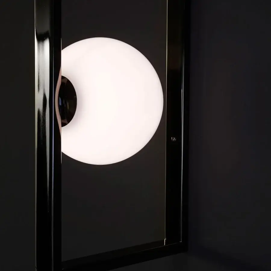 Superior VENICEM Mondrian wall lamp with polished black nickel metal and spherical white Murano blown glass diffuser
