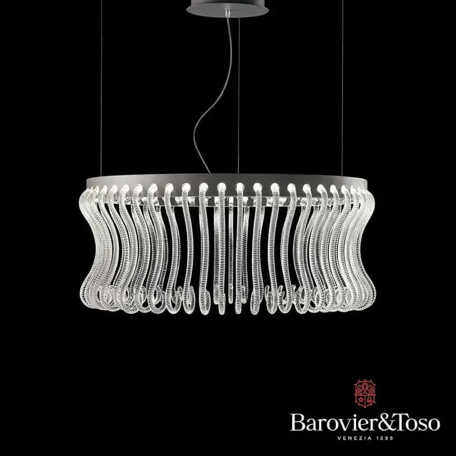 Exceptional Barovier&Toso Crown suspension lamp with clear Murano glass pastorals and matte metal ring finish