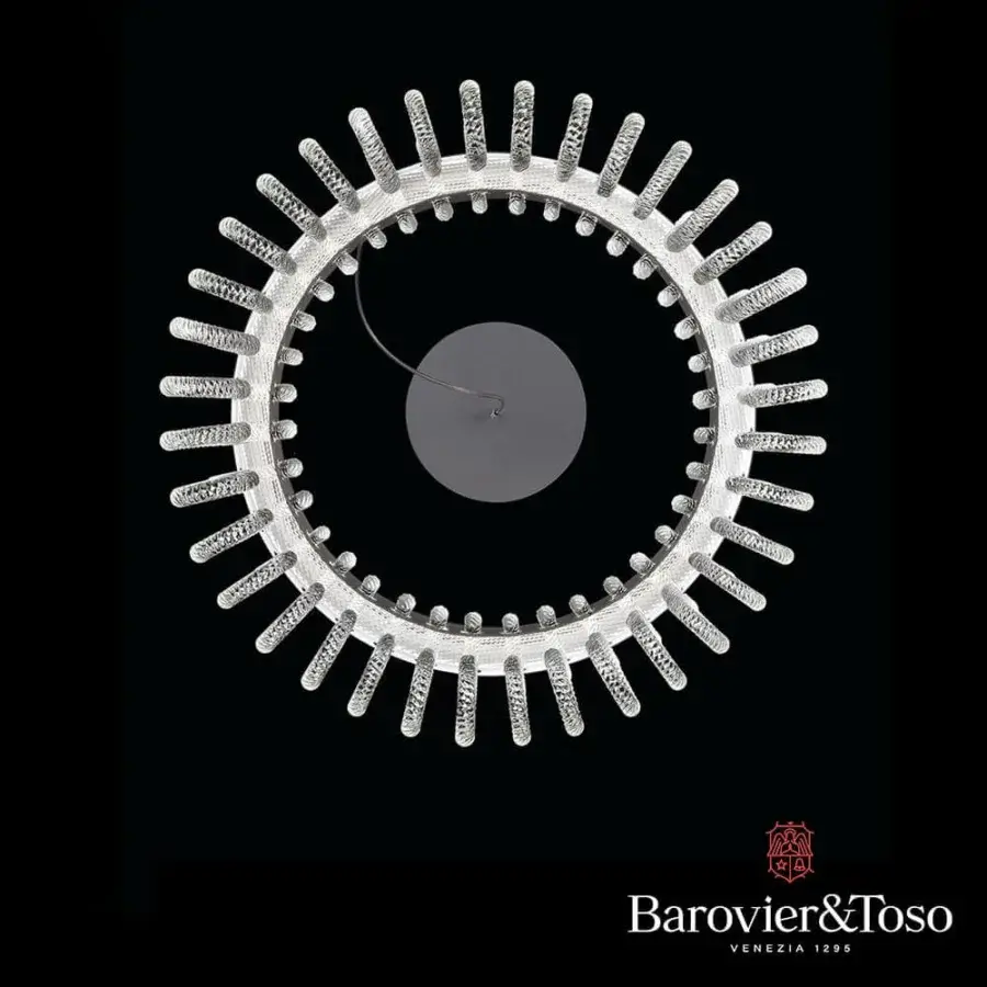 Superior Barovier&Toso Crown suspension lamp with repeating cylindrical Murano glass and painted metal rings
