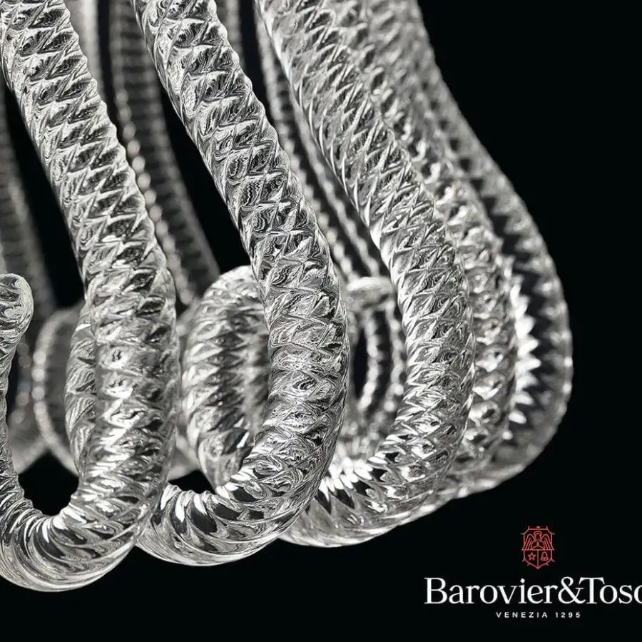 Exceptional Barovier&Toso Crown suspension lamp with spiraling transparent Murano glass pastorals and painted metal rings