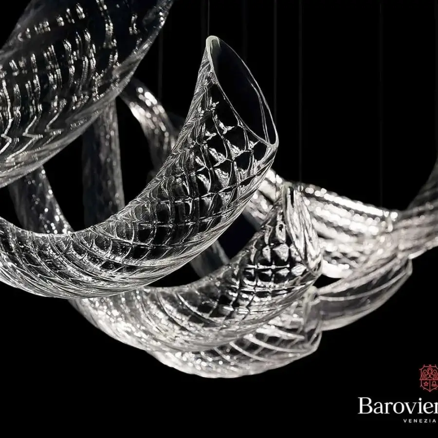 Exceptional Barovier&Toso Swing ceiling lamp with clear Murano glass segments and glossy steel cables creating curving silhouettes