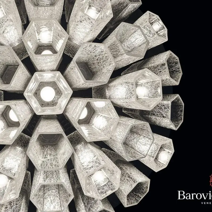 Superior Barovier&Toso Trim ceiling lamp crafted in hexagonal Murano glass tubes with a bright textured white finish