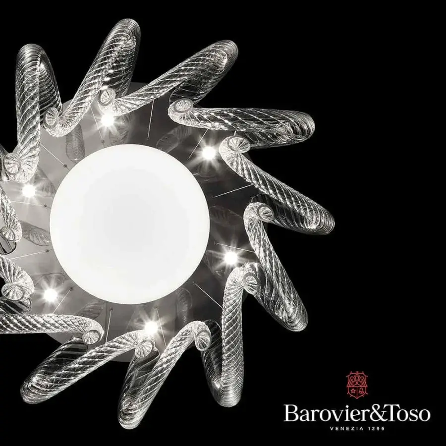 Captivating Barovier&Toso Swing ceiling lamp crafted in clear twisted Murano glass with a white spherical light diffuser and chrome finish