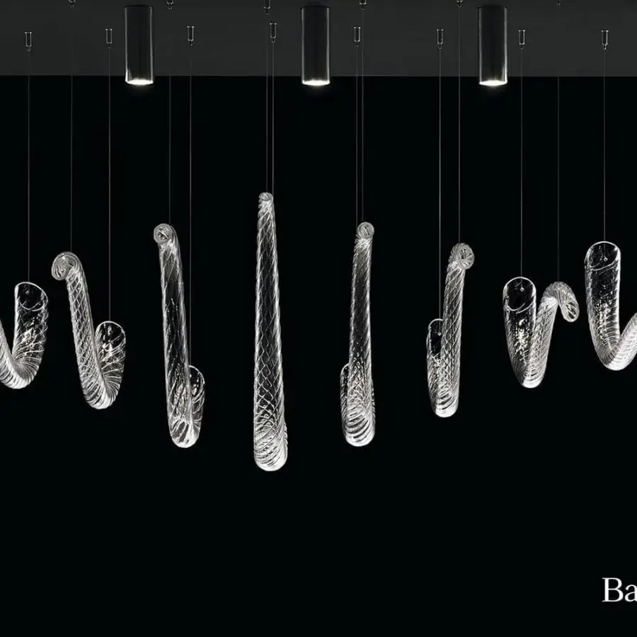 Distinguished Barovier&Toso Swing ceiling lamp crafted in clear textured Murano glass with thin steel cables and chrome spotlights