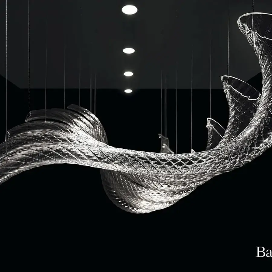 Elegant Barovier&Toso Swing ceiling lamp crafted in transparent Murano glass with thin steel cables and surface worked details
