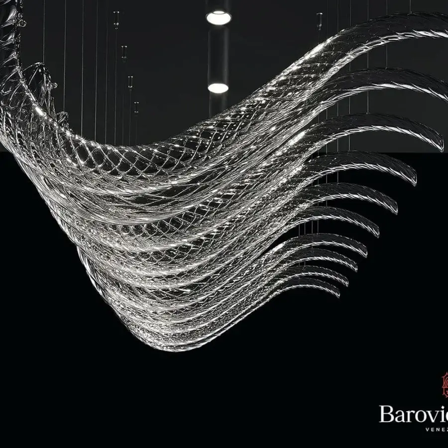Distinguished Barovier&Toso Swing ceiling lamp crafted in clear glossy Murano glass with a sleek chrome tube design