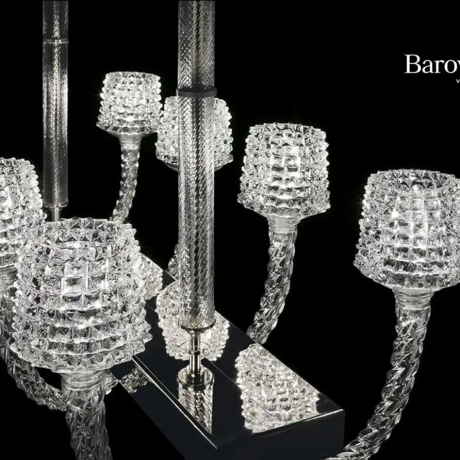 Superior Barovier&Toso Florian chandelier crafted in clear glass with a polished chrome finish and “rostrato” lampshades