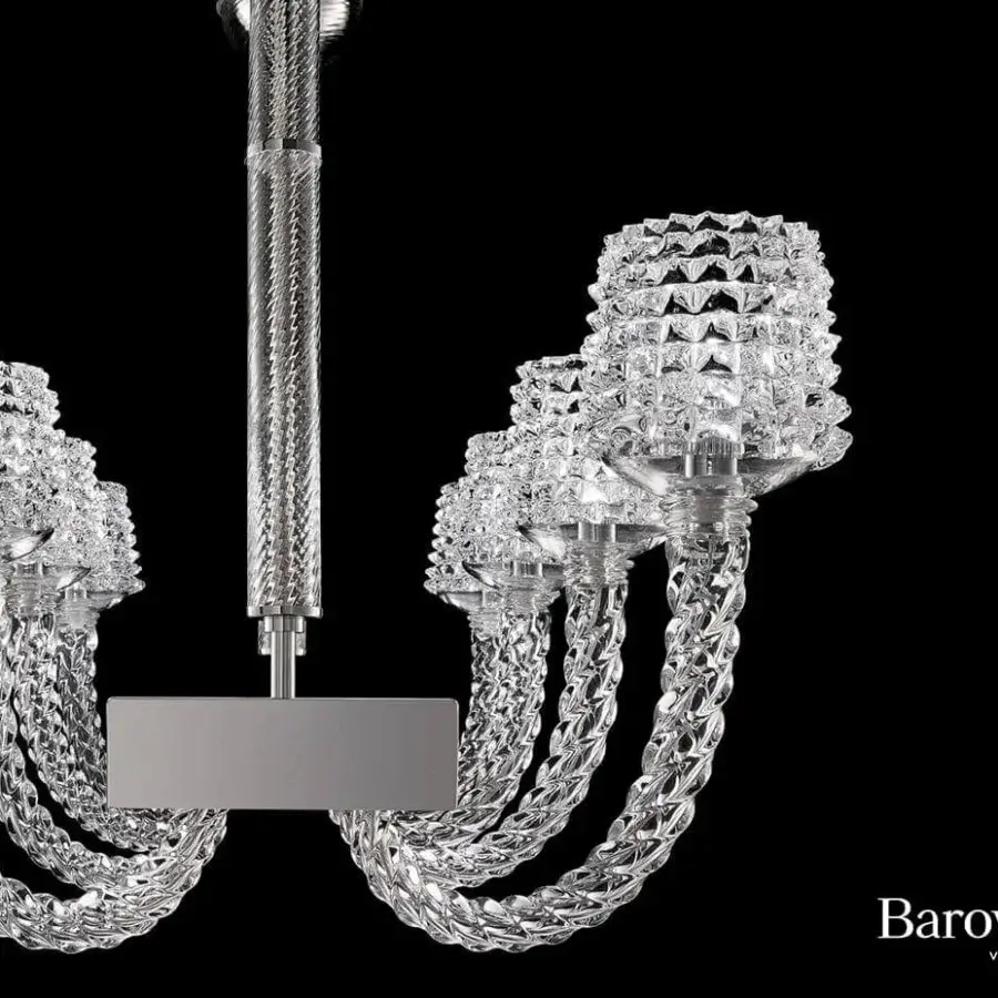 Exceptional Barovier&Toso Florian chandelier crafted in clear glass with “rostrato” lampshades and polished chrome finish