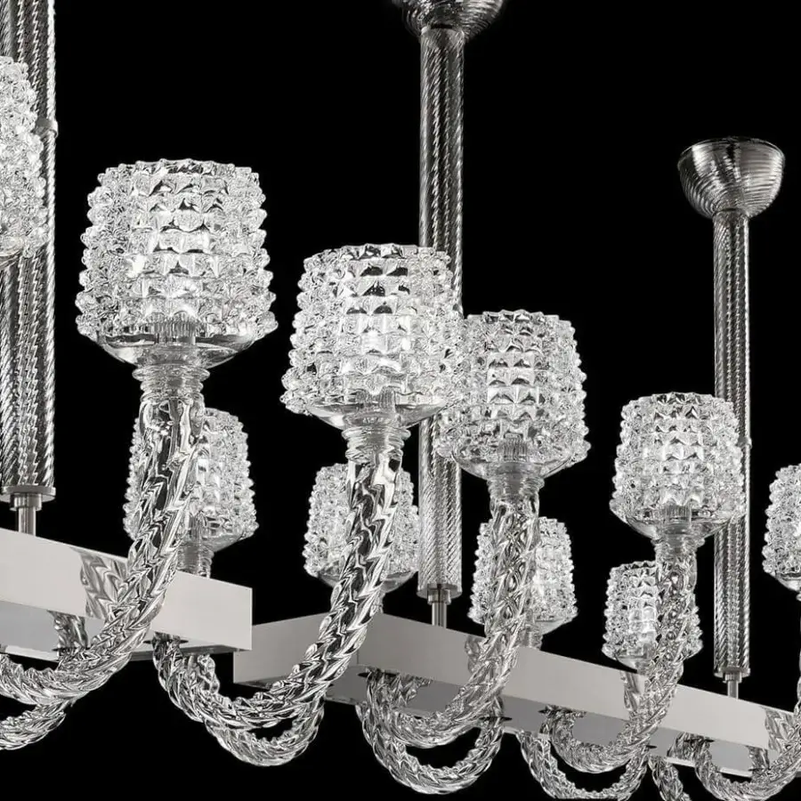 Exclusive Barovier&Toso Florian chandelier crafted in clear textured Venetian crystal with polished chrome metal supports and twisted rods