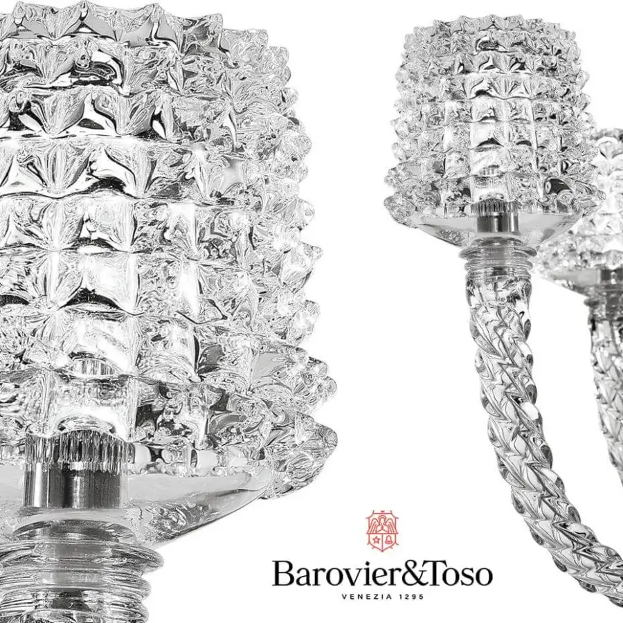 Distinguished Barovier&Toso Florian chandelier crafted in clear glass with polished chrome accents and “rostrato” crystal lampshades