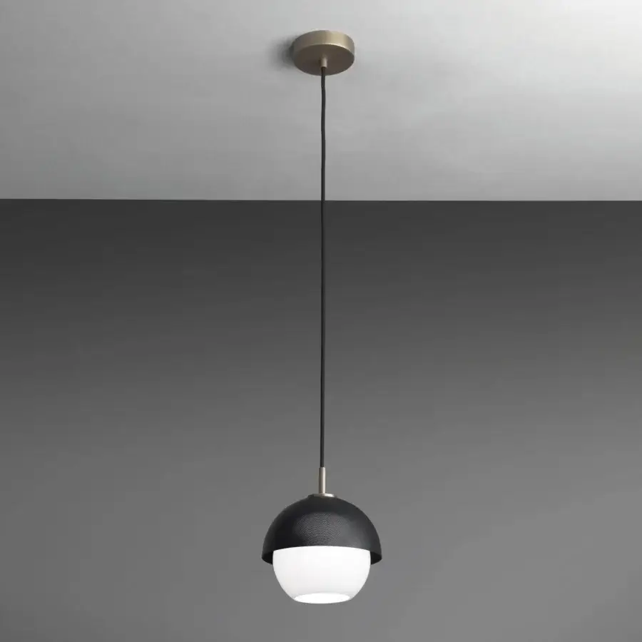 Elegant VENICEM Urban Suspension lamp with dark burnished brass and matt black perforated metal, plus a refined white Murano glass diffuser