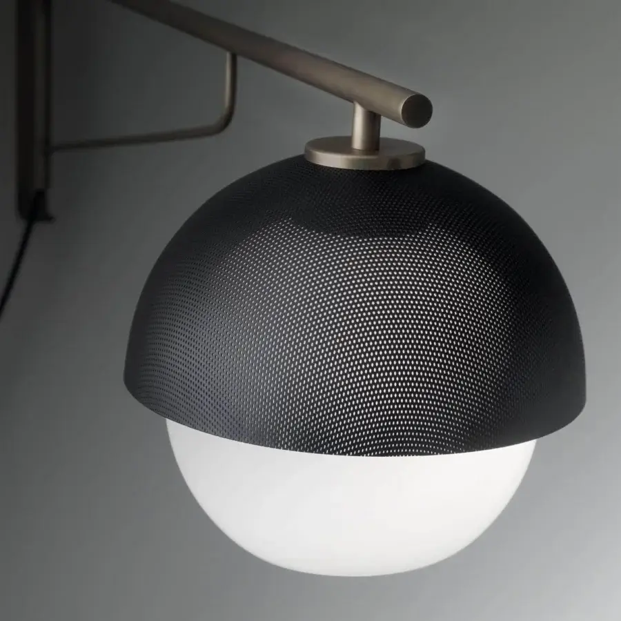 Exceptional VENICEM Urban Wall Turning Arm Lamp with perforated metal mesh, white Murano glass diffuser and burnished brass structure