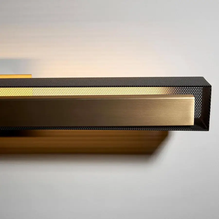 Exclusive VENICEM Urban Lightline wall lamp with burnished brass and a matt black perforated metal mesh lampshade