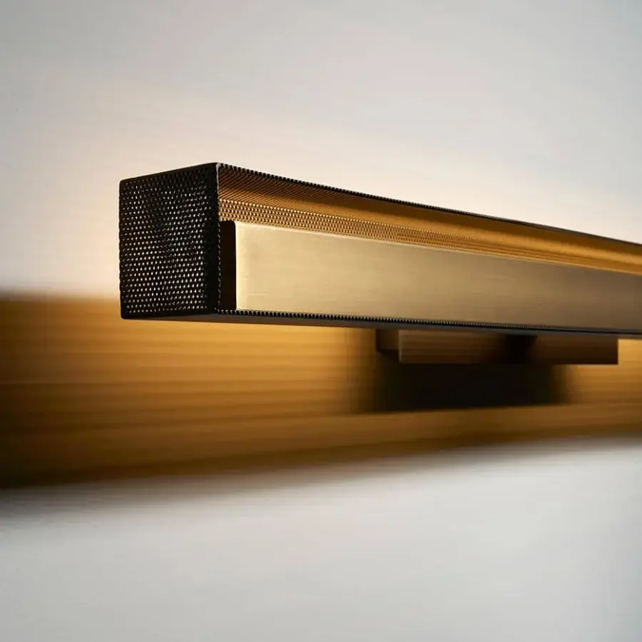 Superior VENICEM Urban Lightline wall lamp with a light burnished brass structure and matt black perforated metal mesh lampshade