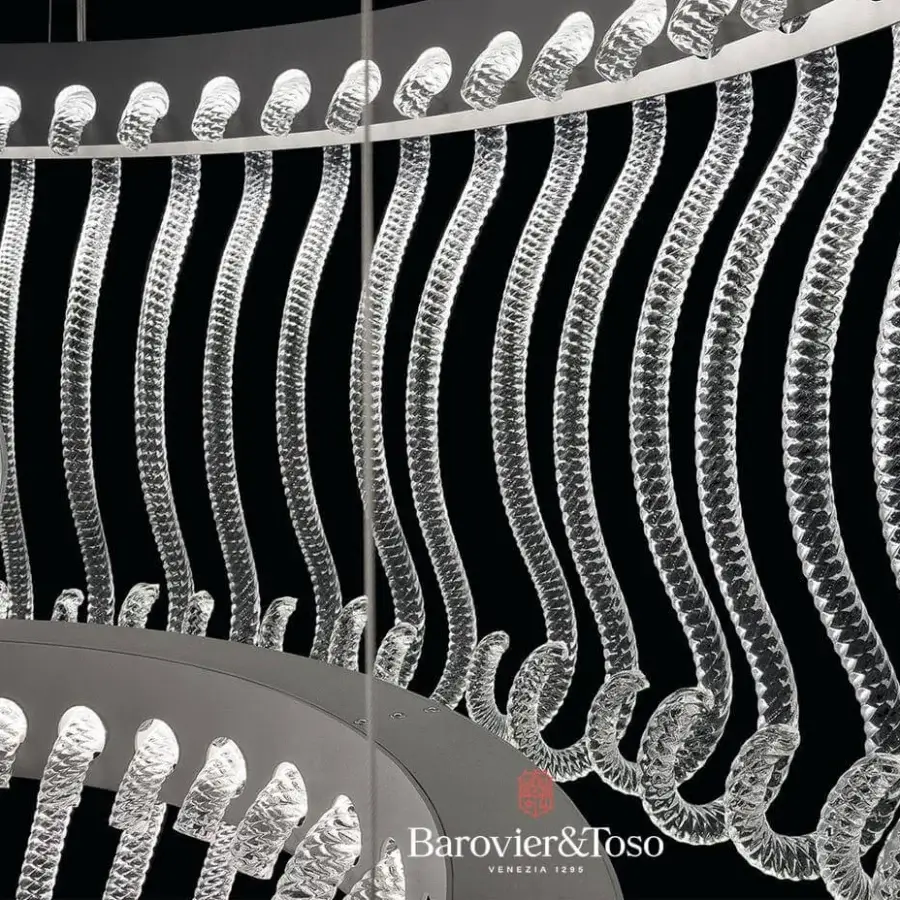 Elegant Barovier&Toso Crown suspension lamp crafted in clear Murano glass with carefully-painted metal rings for captivating illumination