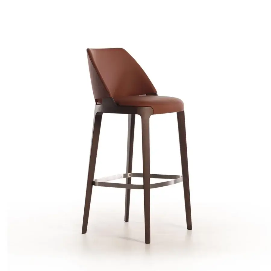 Elegant Potocco Velis stool with Canaletto walnut legs and metal footrest, upholstered in reddish-brown leather-like material