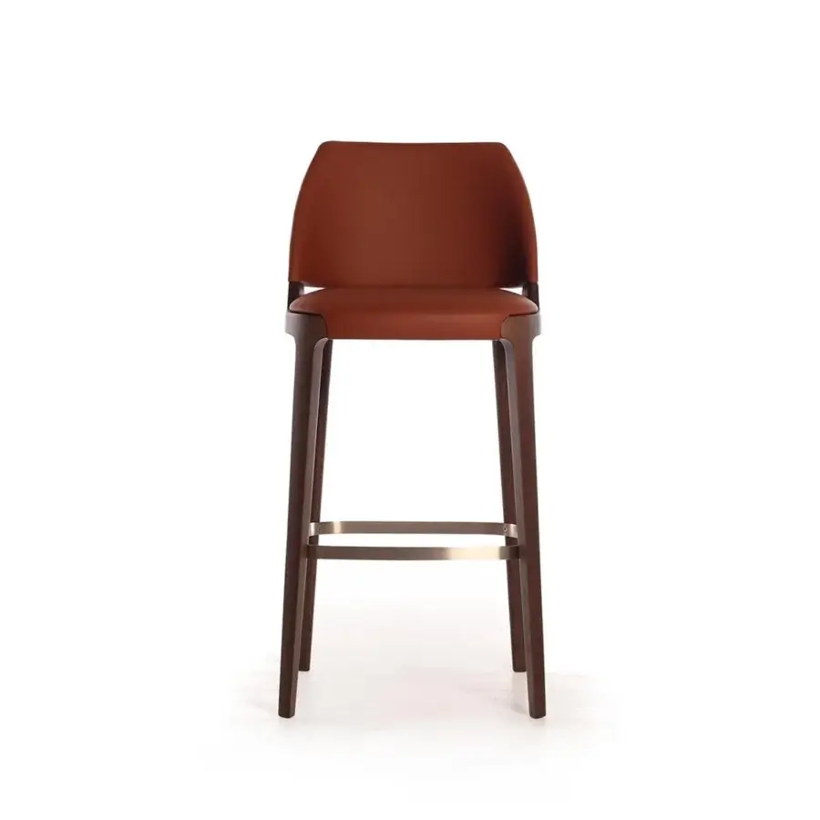 Superior Potocco Velis stool with Canaletto walnut legs and metal footrest, upholstered in brown polyurethane foam