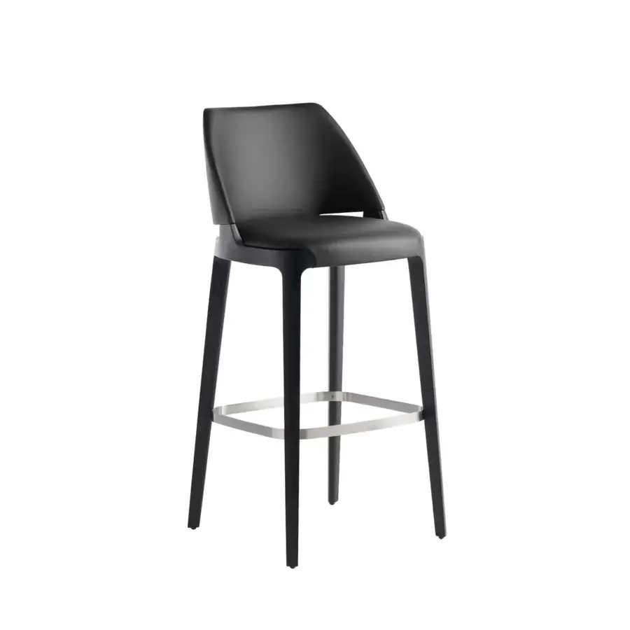 Sophisticated Potocco Velis stool with sleek black leather upholstery and dark ash frame with silver metal footrest