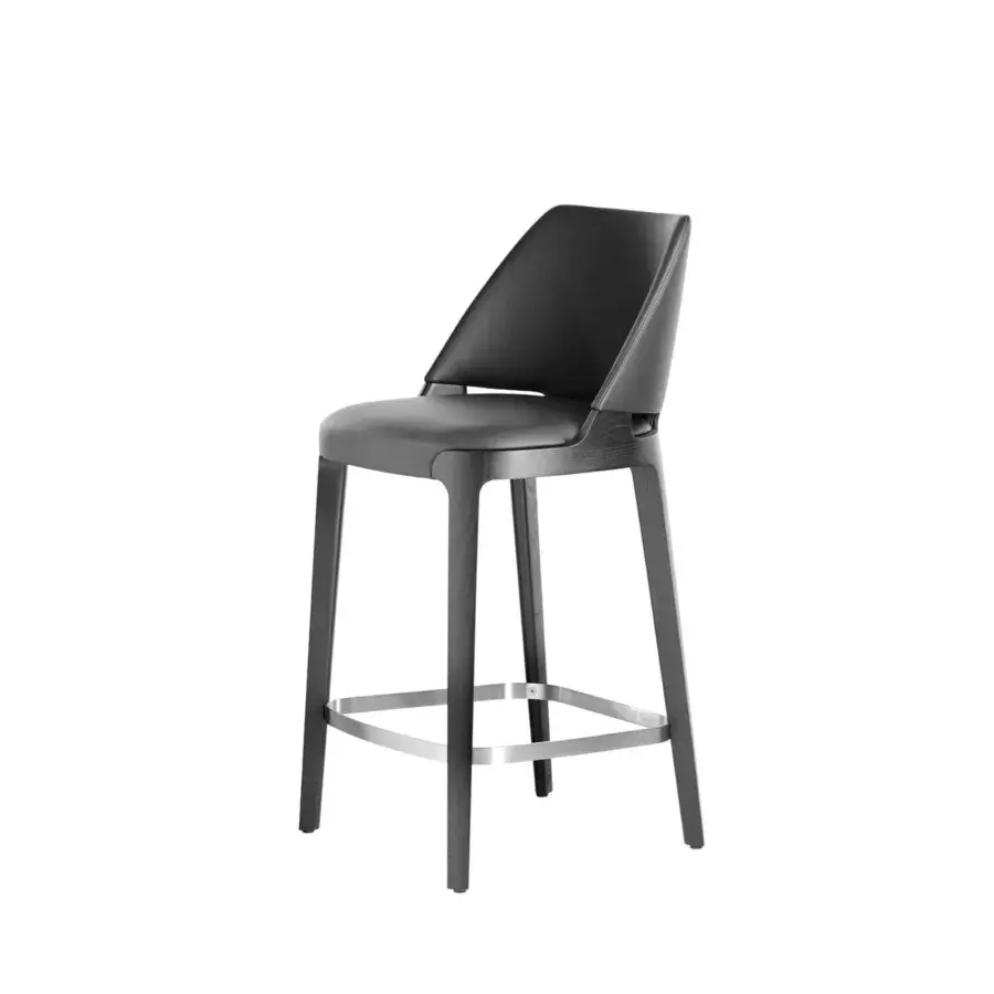 Exceptional Potocco Velis stool with ash wood legs, metal footrest and dark gray fire-retardant polyurethane foam upholstery