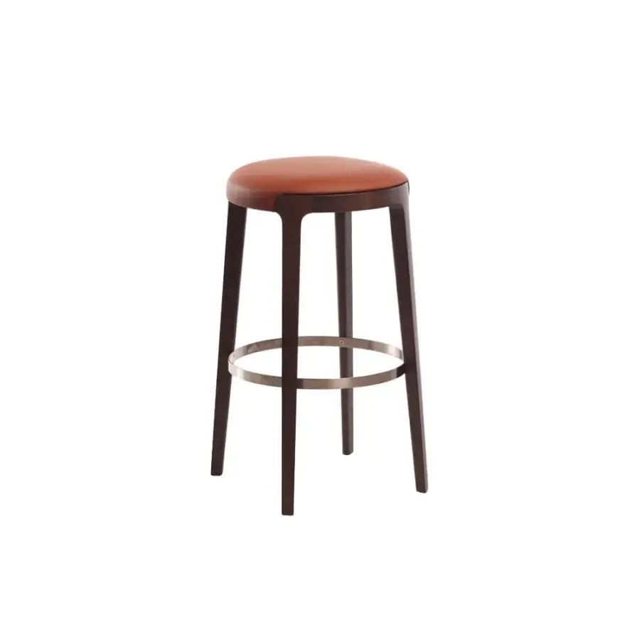 Superior Potocco Velis stool with tan fabric upholstery and a Canaletto walnut frame built with a metal footrest