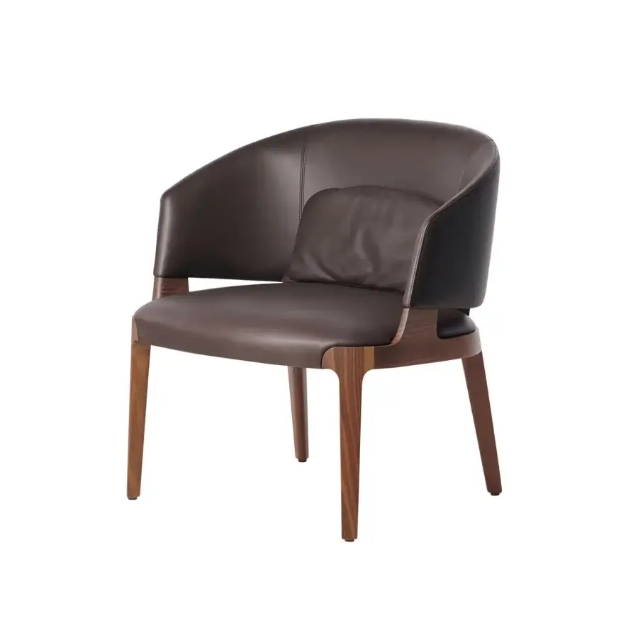 Distinguished Potocco Velis lounge chair with rich brown leather upholstery and dark brown Canaletto walnut legs