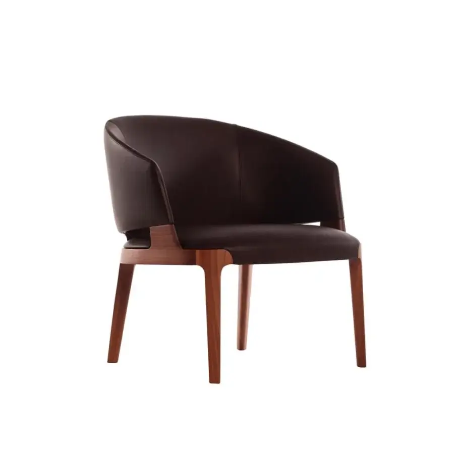 Exceptional Potocco Velis lounge chair with dark brown leather upholstery and Canaletto walnut frame