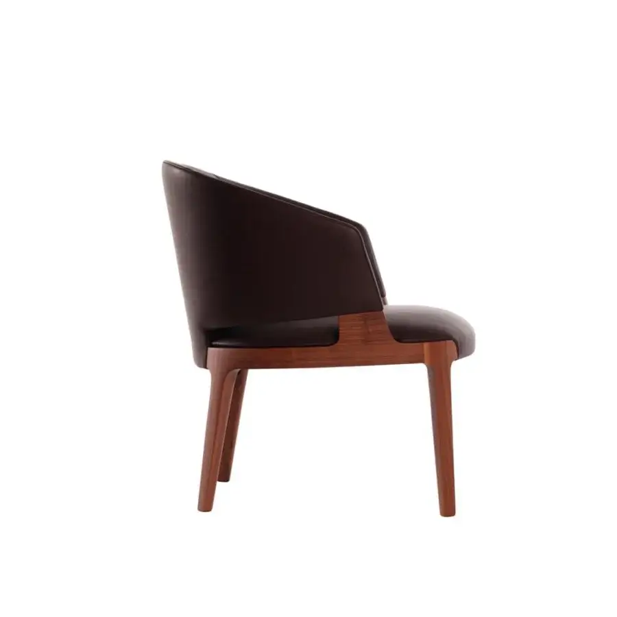 Superior Potocco Velis lounge chair with dark leather-like upholstery and Canaletto walnut frame finish