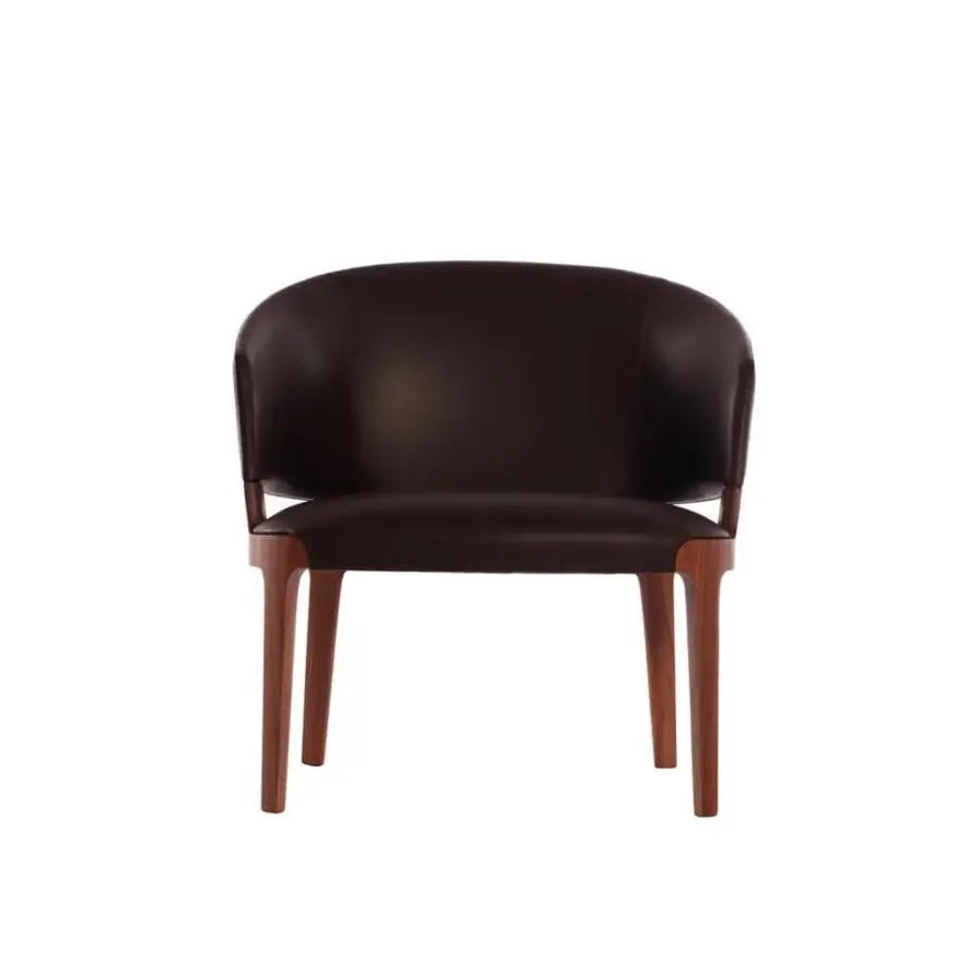 Superior Potocco Velis lounge chair with rounded silhouette in smooth, deep brown leather and matte Canaletto walnut frame