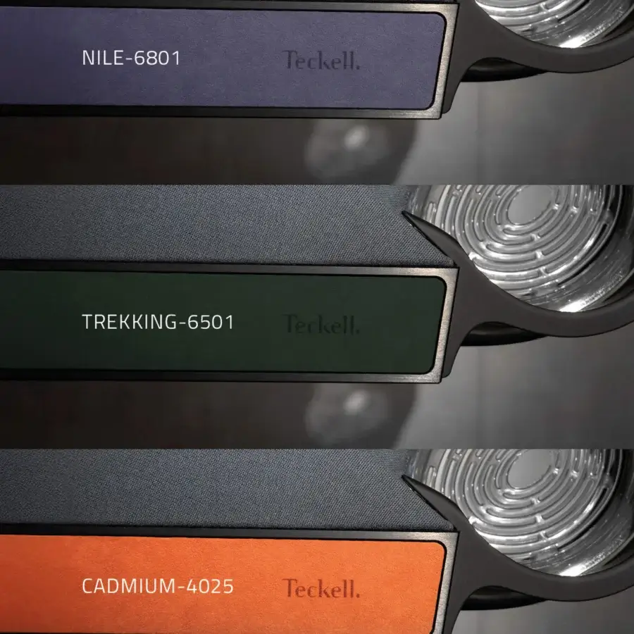 Exceptional Teckell Plano T 1.3 pool table with aluminum rails and Alcantarà inlays in purple, dark green, and orange with a matte finish