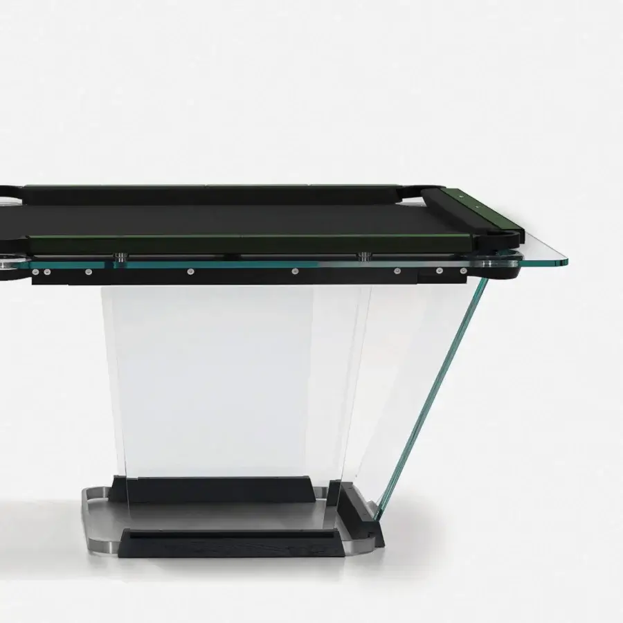 Lavish Teckell Plano T 1.3 pool table with dark green and black Alcantara® inlays and crystal-clear tempered glass legs built with solid oak