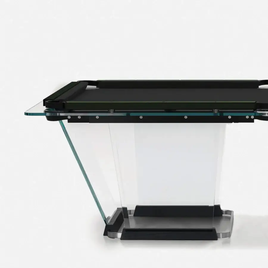 Distinguished Teckell Plano T 1.3 pool table with sculptural glass construction and dark green Alcantara® rails built with a matte black solid oak base