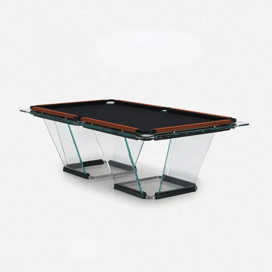 Exceptional Teckell Plano T 1.3 pool table crafted in Alcantara® with a black frame and crystal glass legs